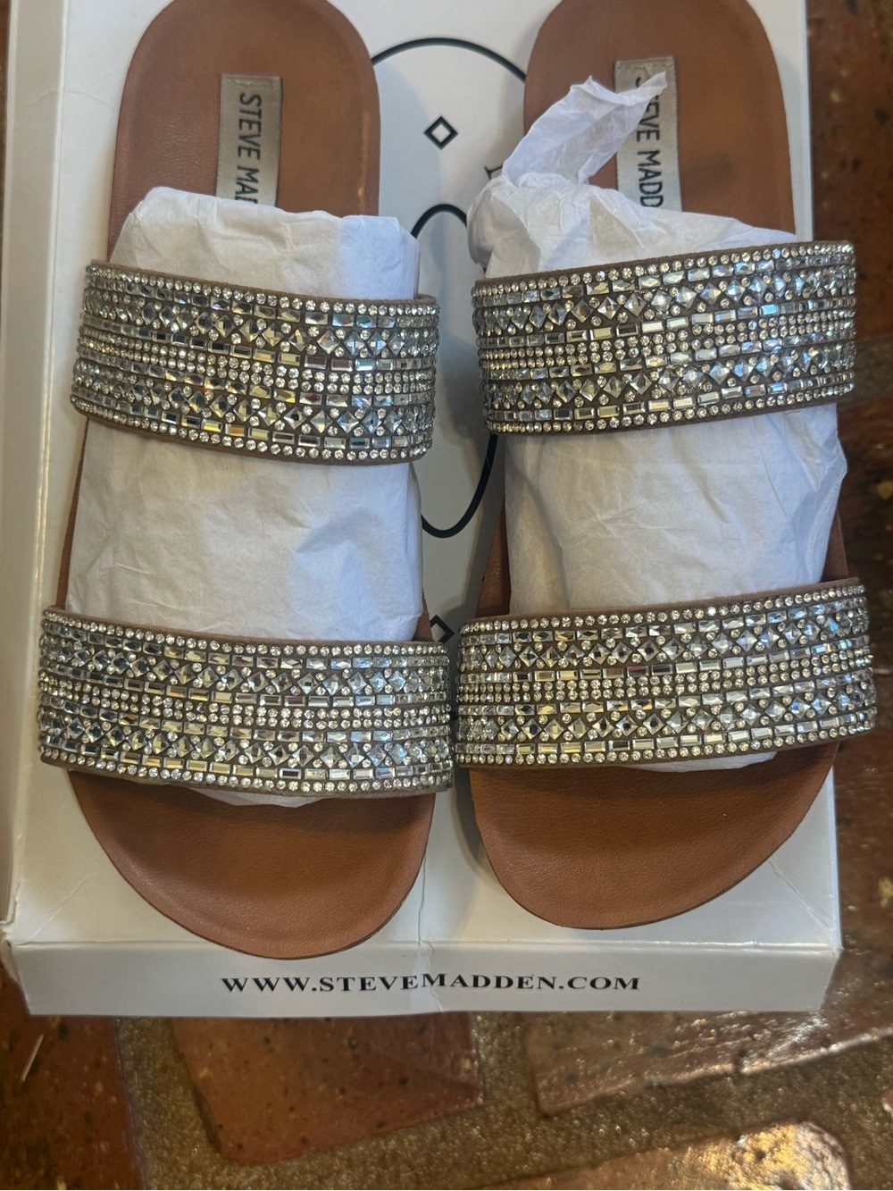 Steve Madden Tan Slide Sandals with Silver Crystal Straps wore once